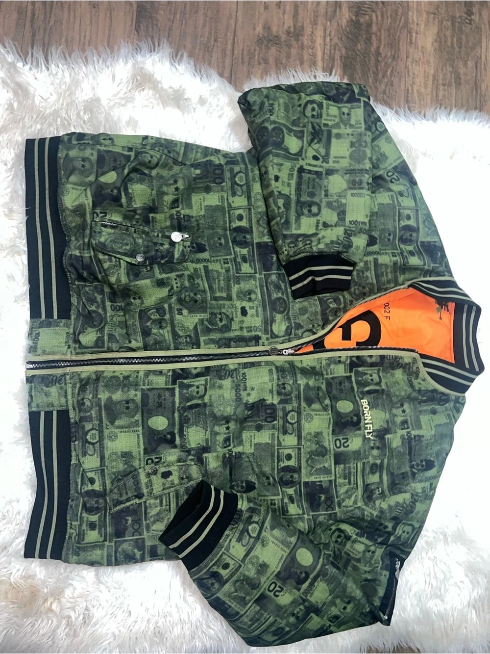 5XL Men’s Green Money-Print Bomber Jacket with Orange Lining